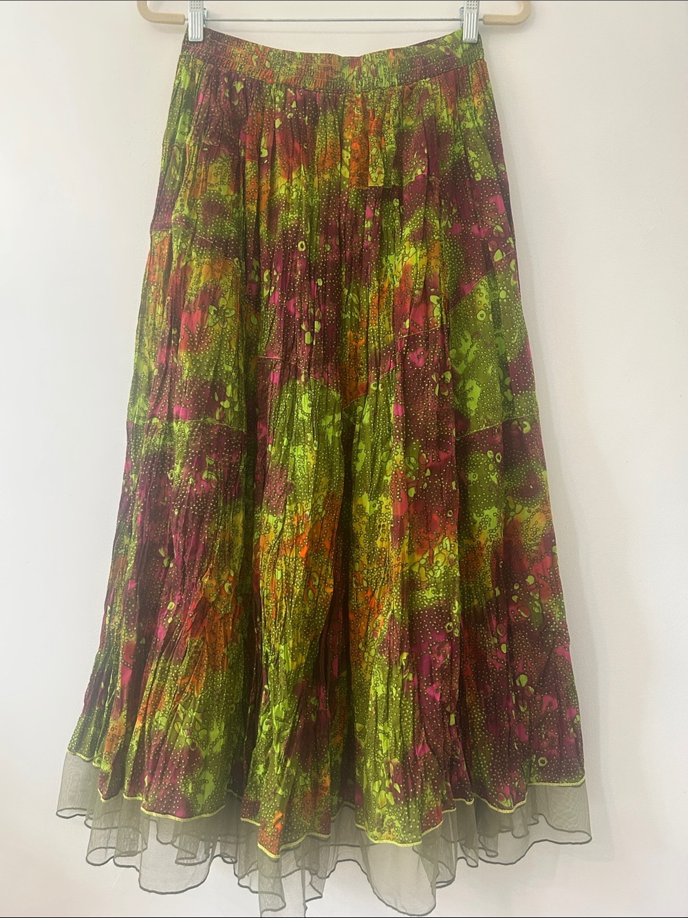 Take Two Made in India Boho Tye Dyed Floral Maxi Skirt Mesh Hem Elastic Waist